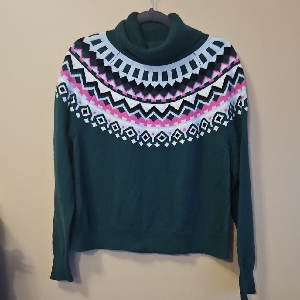 1901 Women's Size L Cotton Merino Wool Blend Turtleneck Green Sweater Fair Isle